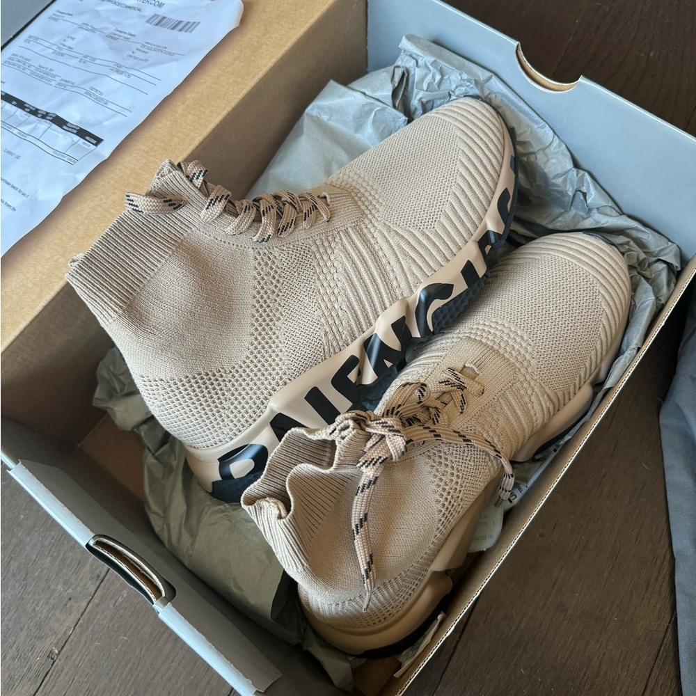BALENCIAGA - Speed Sock Logo-Print Stretch-Knit Sneakers - Neutrals